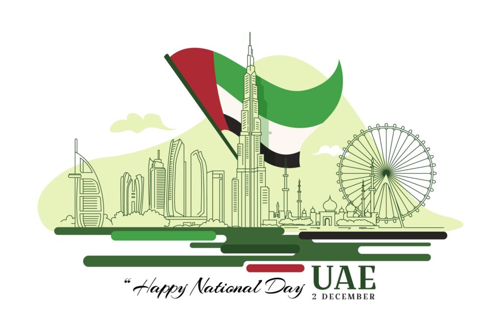 UAE National Day 2025 celebrations with UAE flag, fireworks, and national colors