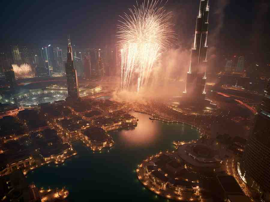 Burj Khalifa New Year 2025 fireworks in Dubai with skyline, laser show, crowds celebrating